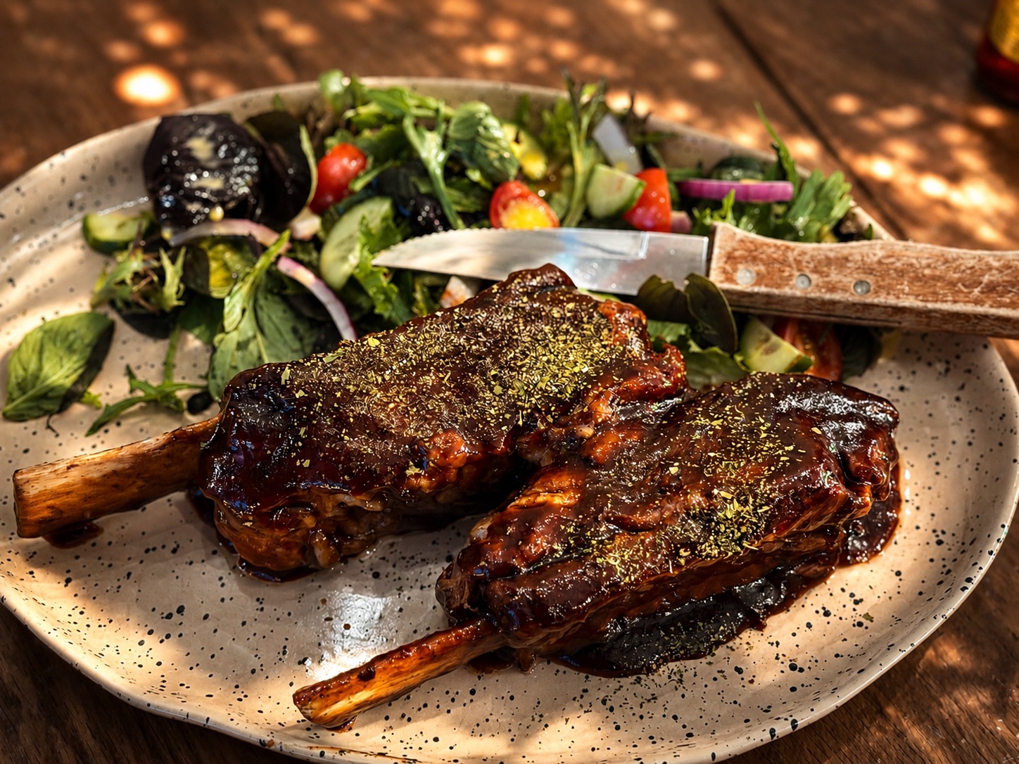 Beef ribs with fries and sauce